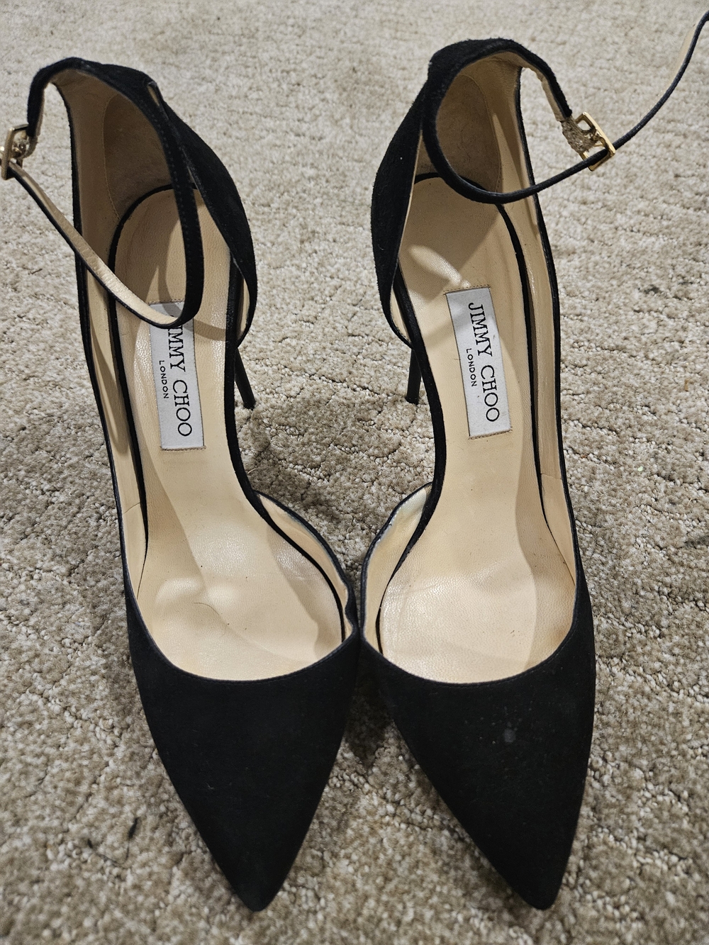 Jimmy Choo Black Suede Pointed-Toe Ankle Strap Heels